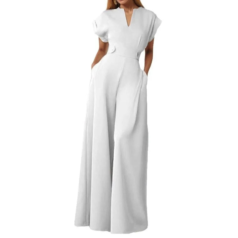 Elegant Women's Jumpsuits Fashion Solid Color V-neck High Waist Wide Leg Sleeveless Jumpsuit Temperament New Female Clothing