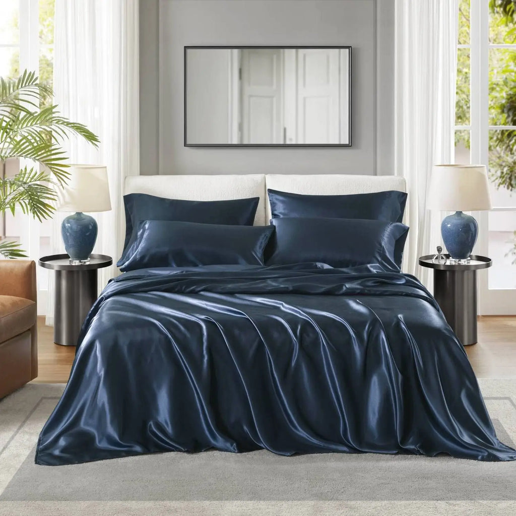 Cal King Satin Sheet Set 4 Pcs Luxury Bedding Solid Color Modern Style Machine Washable Bedroom Use