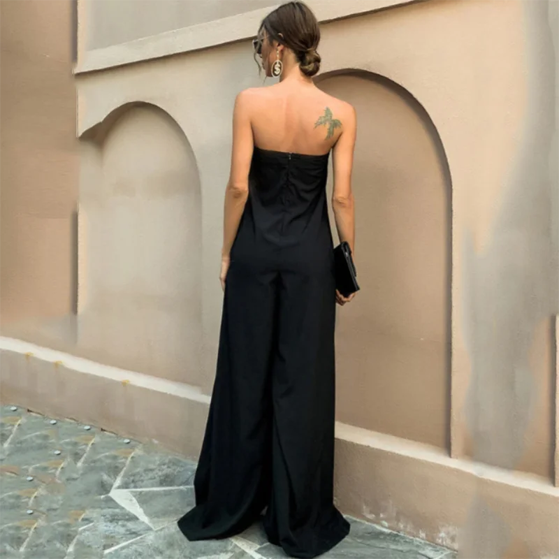 Spring Summer New Women's Solid Color Long Jumpsuits Elegant Sexy Off Shoulder Sleeveless High Waist Slim Straight Jumpsuit