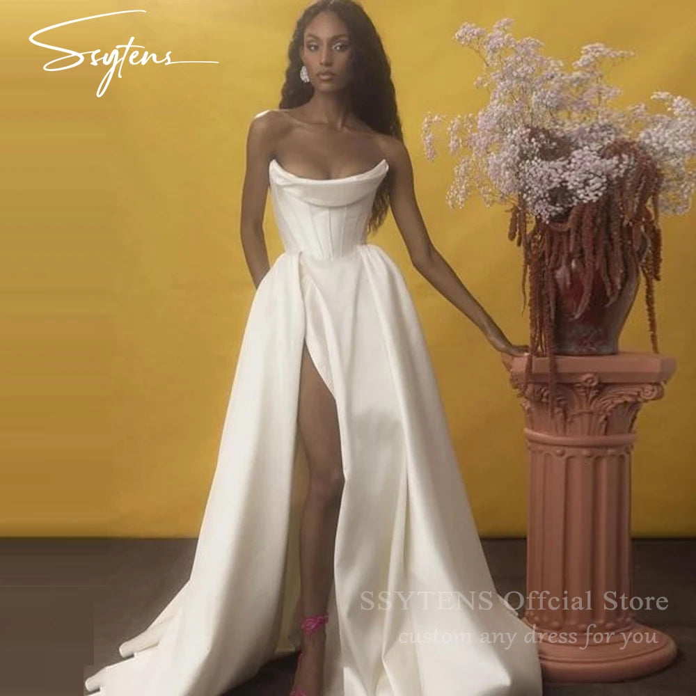 SSYTENS Classical Wedding Dresses for Woman White Satin High Slit Customized Vestidos De Novia Long Dress Women Elegant Party