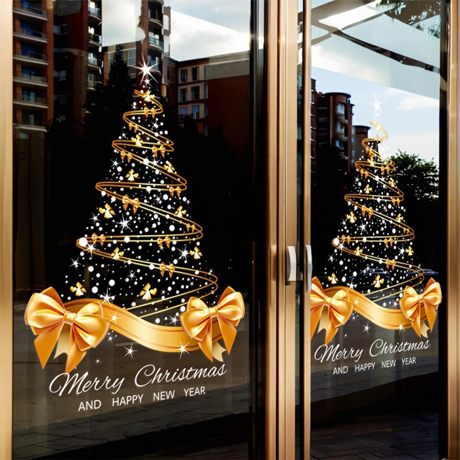 Christmas and Happy New Year Decals Christmas Window Stickers Wall Sticker Gold Electrostatic Stickers Party DIY Decorations