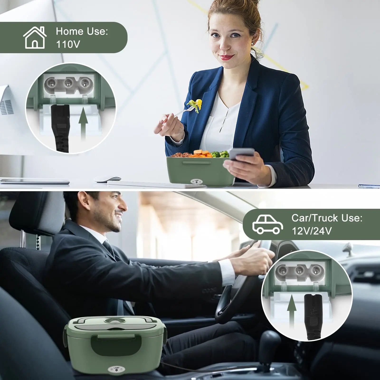 Electric Lunch Box for Adults, 80W Heated Lunch Box Portable Food Warmer Lunch Box for Work/Men/Car/TrucLeakproof 2 Compartments