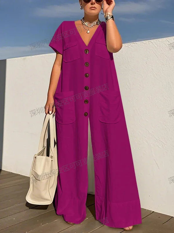 New Summer V-neck Single-breasted Women's Jumpsuits Fashion Pocket Elegant Office Rompers Casual Loose Oversized Women Jumpsuit
