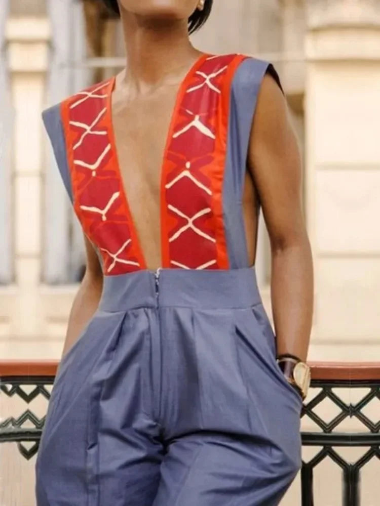 Missuoo Women's Sexy Jumpsuit 2025 Summer Fashion Deep V-neck Sleeveless Wide Leg Coveralls Contrast Color One-piece Suit