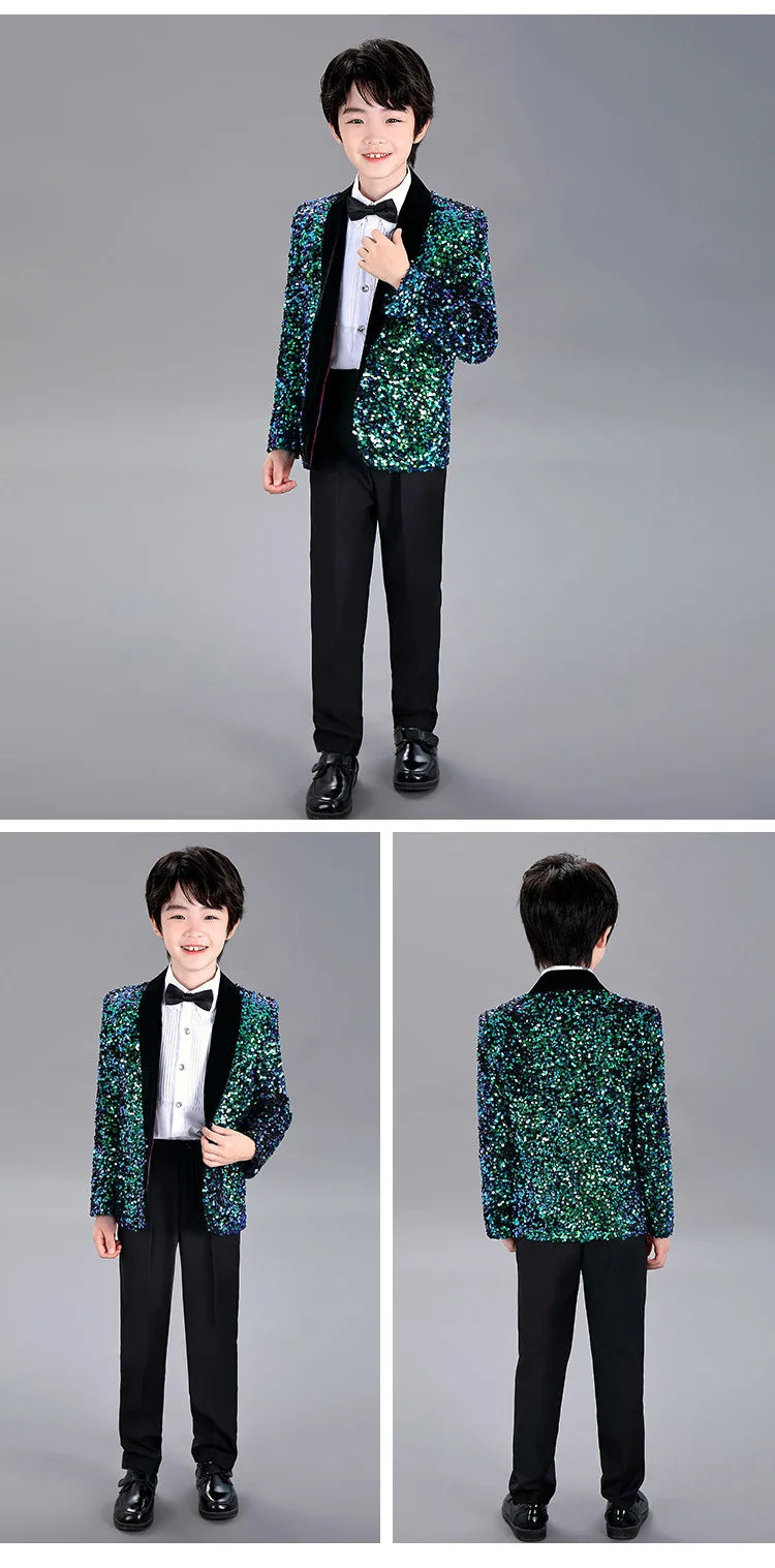 Men Prom Suit Child Solid Discoloration Sequins Gown Boy Catwalk Piano Performance Little Host Suit Perform Suits