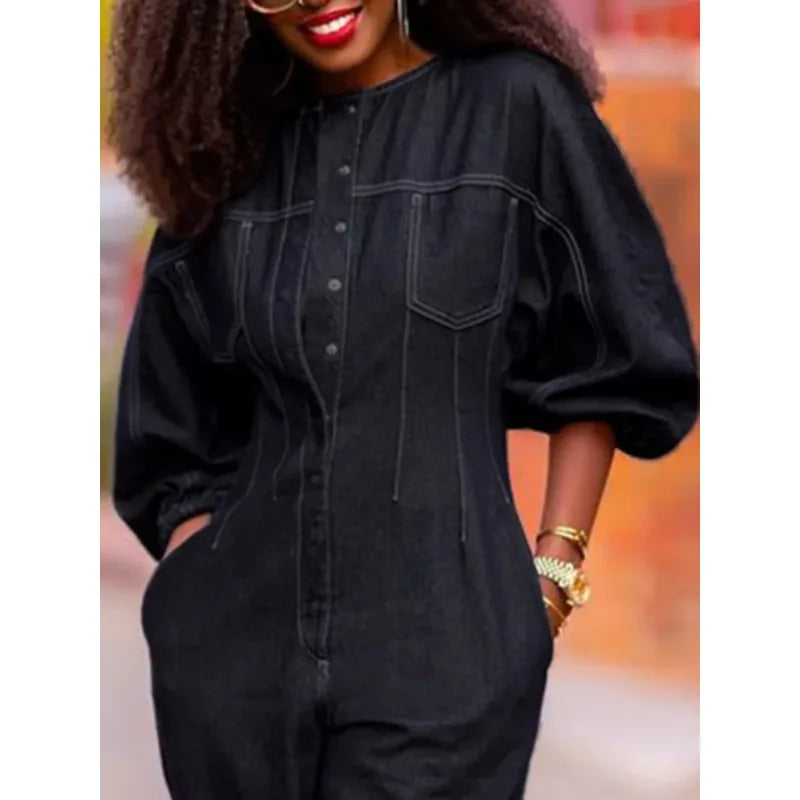 Women's Denim Jumpsuit Round-Neck Buttoned 3/4 Puff Sleeves Loose Fit Casual Streetwear Fashion Romper One-piece Outfits