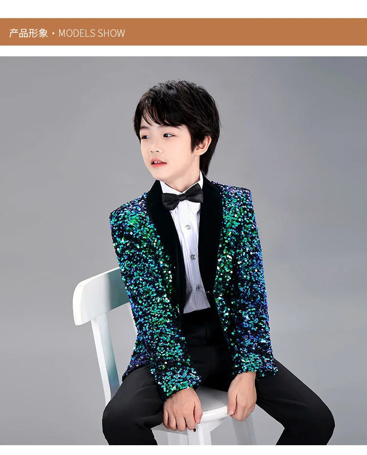 Men Prom Suit Child Solid Discoloration Sequins Gown Boy Catwalk Piano Performance Little Host Suit Perform Suits