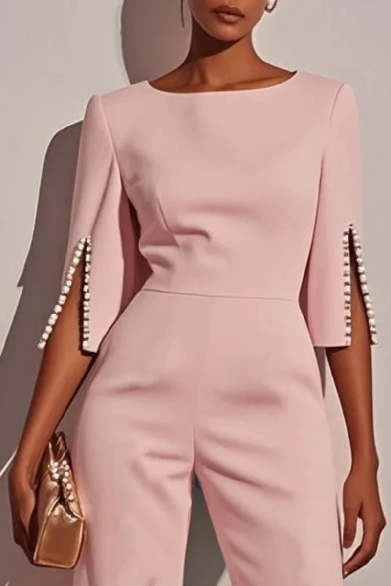 Women's Jumpsuit Casual Solid Color 3/4 Length Sleeve Straight Round Neck Beaded High Waist Daily Going out Regular Fit Black Wh