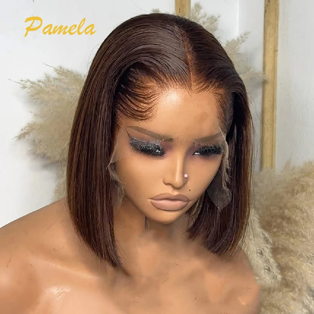Lagos Hairline Bob Wig Human Hair Bone Straight Short Brown Colored 13x4 Lace Frontal Glueless Wigs Human Hair Ready To Wear