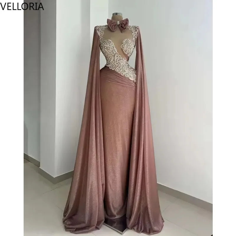 Elegant Dubai Arabic Long Sleeves Evening Dresse Appliqued Sequins Prom Dresses Caftan Shawl Events Party Gowns Customized