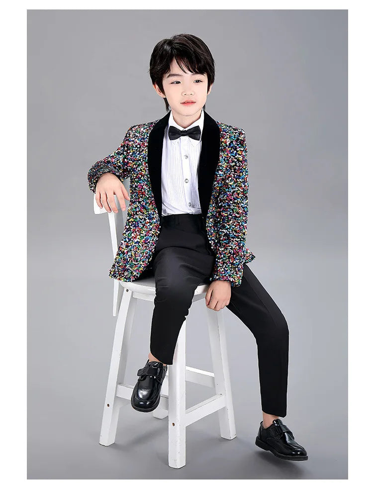 Men Prom Suit Child Solid Discoloration Sequins Gown Boy Catwalk Piano Performance Little Host Suit Perform Suits