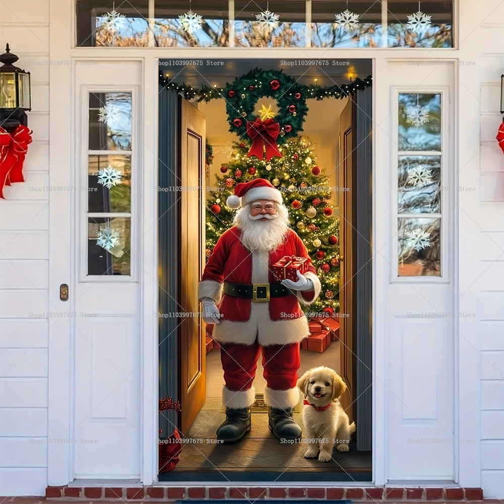 Merry Christmas Santa Claus Trees Decor Door Banner Photography Backdrop Indoor Outdoor Wall Porch Background Party Supplies
