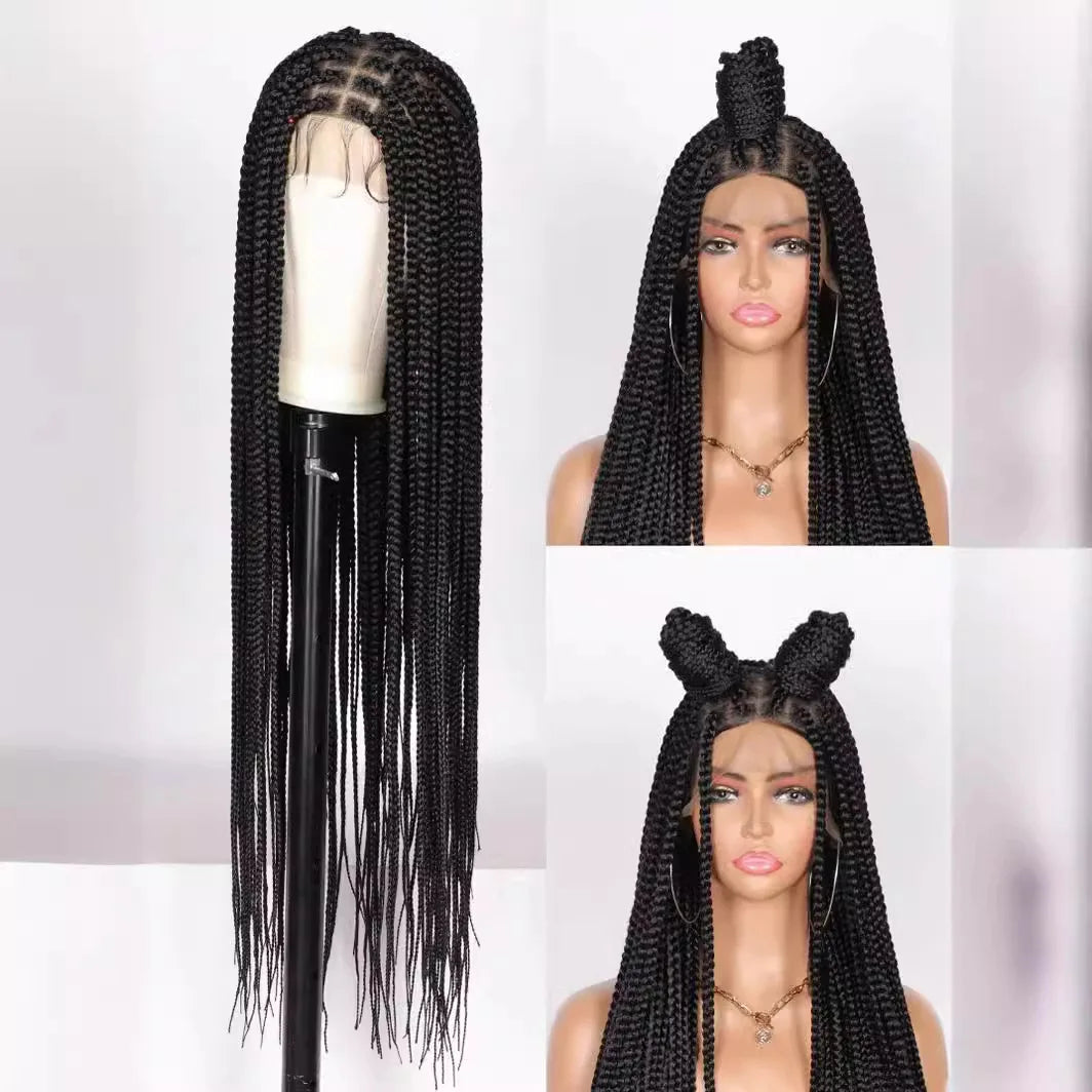 Synthetic 36 inch Lace Front Knotless Braided Wigs Black Box Braid Wig with Baby Hair Blended Lace Frontal Box Braided