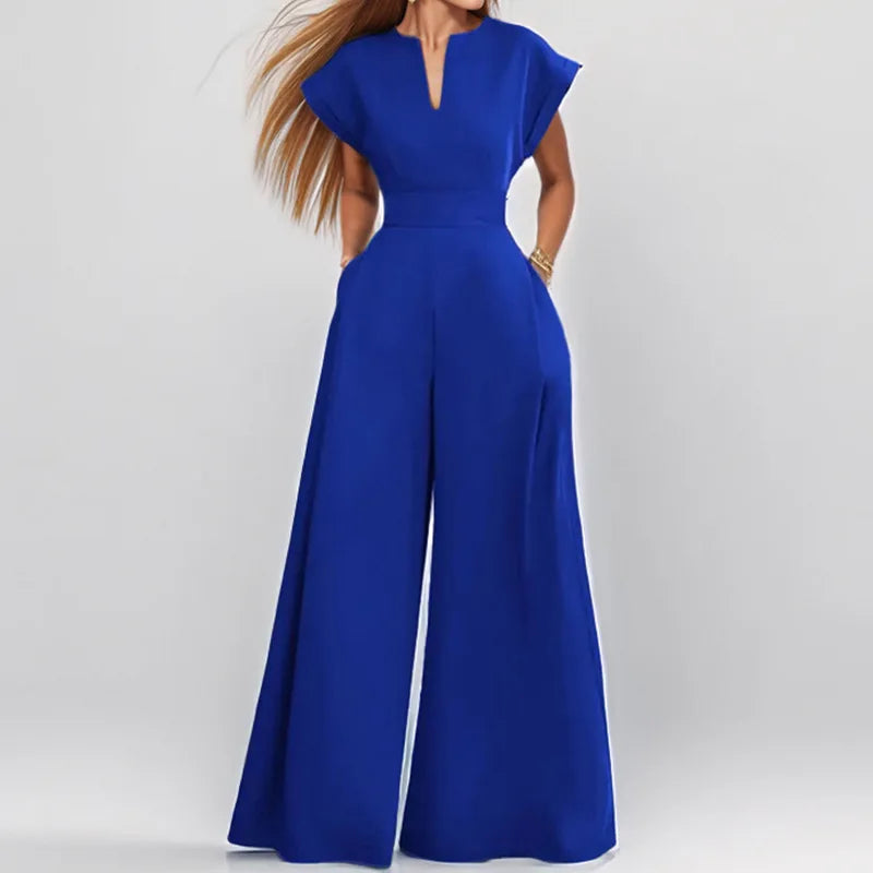 Elegant Summer Fashion Women Jumpsuits Elegant Short Sleeve Small V-neck Slim High Waist Pocket Wide Leg Pants Office Clothing