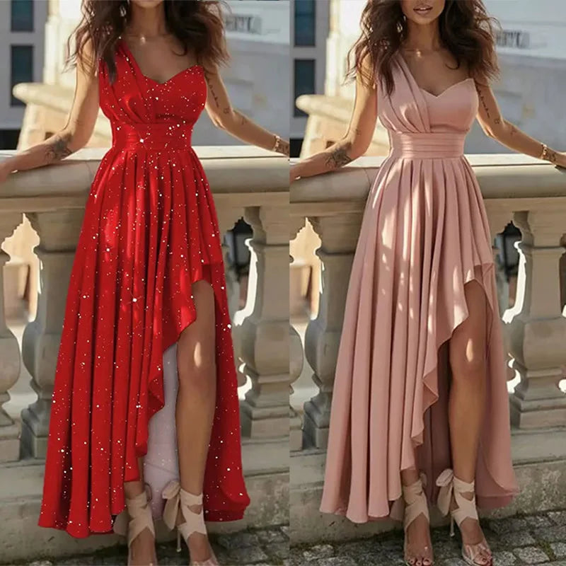 Women's Elegant One Shoulder Glitter Sparkle High Slit Maxi Dress Formal Evening Gown Boho Beach Party Dress