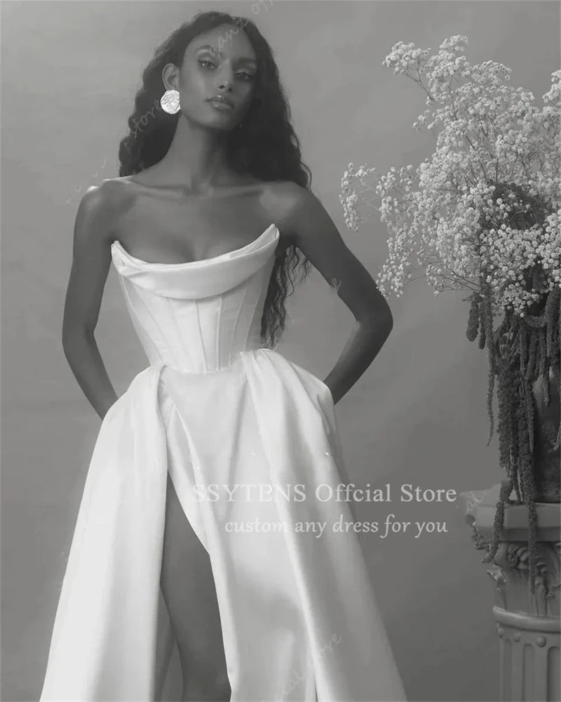 SSYTENS Classical Wedding Dresses for Woman White Satin High Slit Customized Vestidos De Novia Long Dress Women Elegant Party