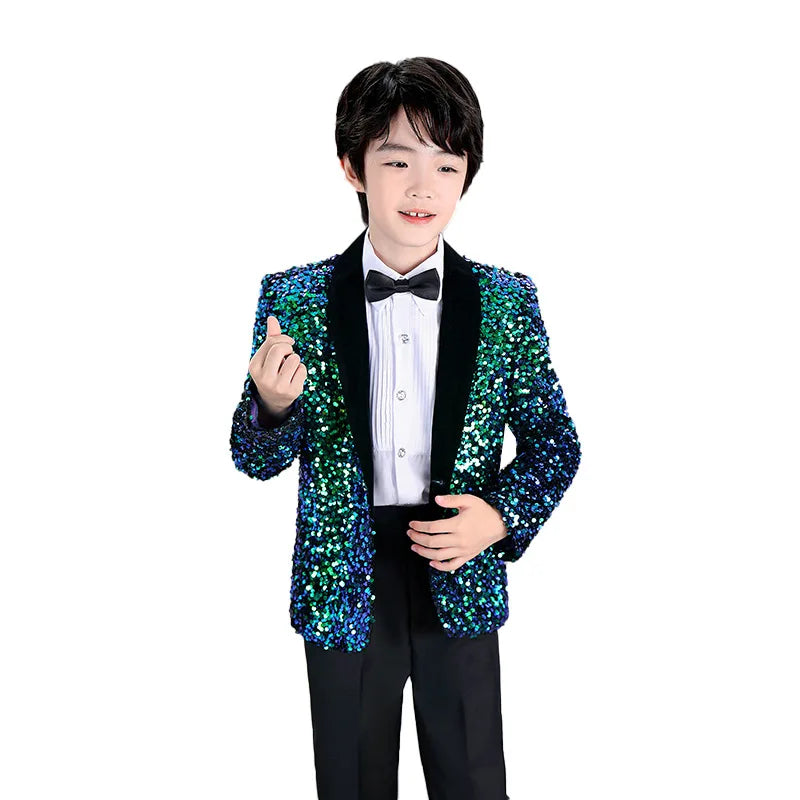 Men Prom Suit Child Solid Discoloration Sequins Gown Boy Catwalk Piano Performance Little Host Suit Perform Suits