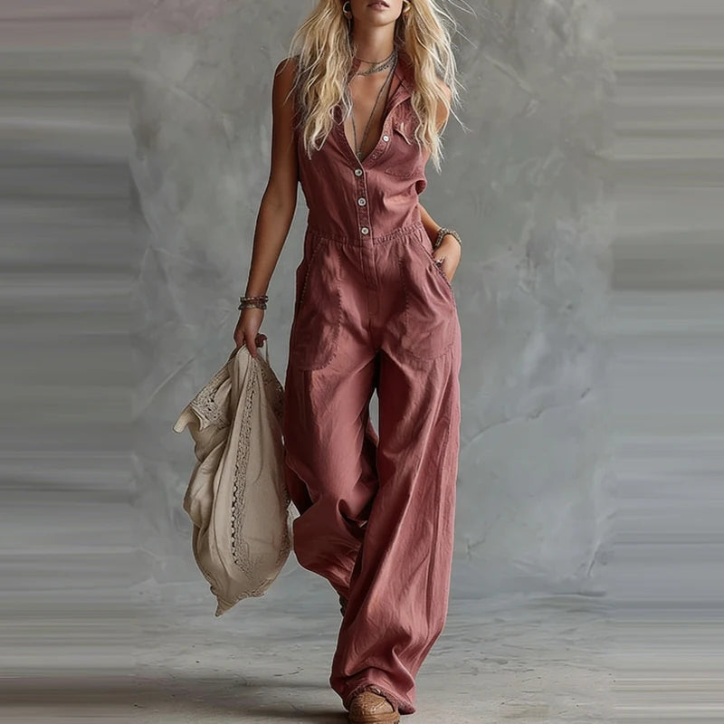 2026 Summer Elegant V-neck Party Jumpsuit Women Casual Sleeveless Pocket Solid Color Party Romper Fashion Button Linen Playsuits