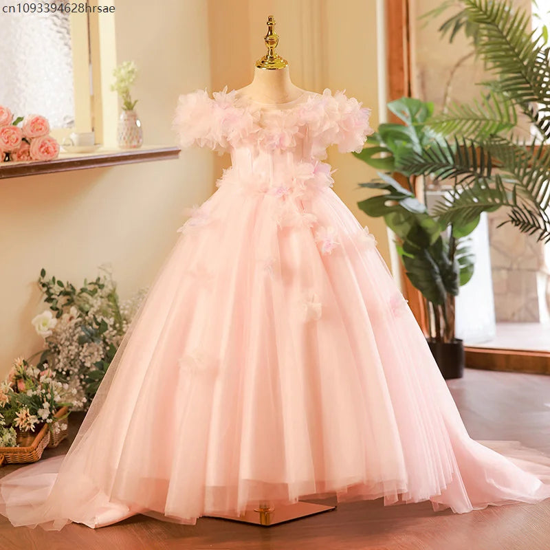 Wedding Flower Girl Dresses Pink Vestido Children Pageant Dresses Costume Princess Gown Host Piano Performance Outfit