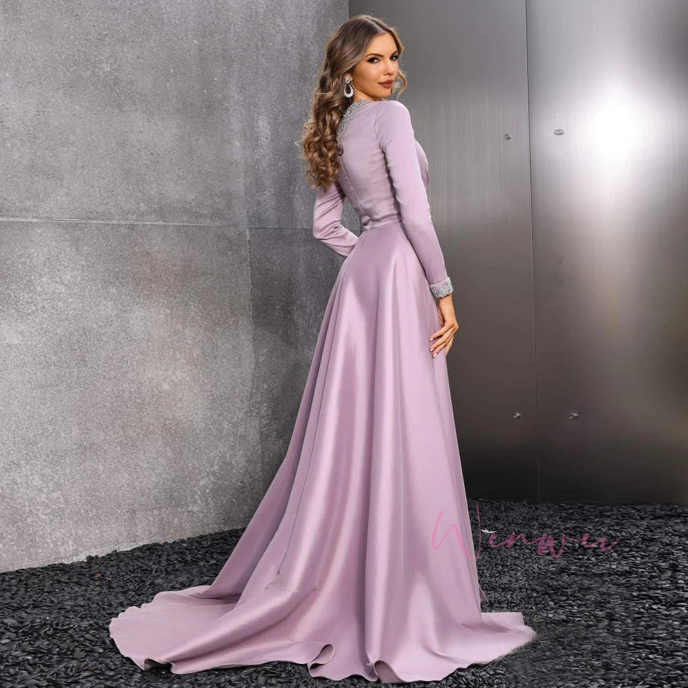 Luxury Evening Dresses For Women Elegant Long Sleeve v-Neck Floor Length Sweep Train Prom Dress Celebrity Gowns Dubai Muslim