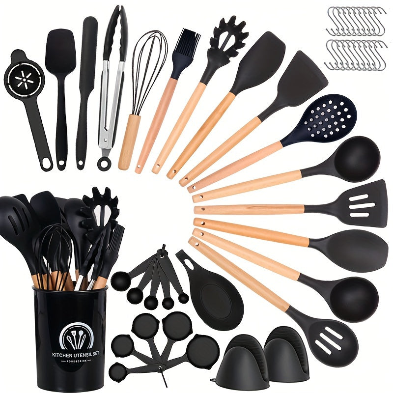 34pcs/Set, Heat Resistant Wooden Handle Silicone Kitchenware Non-stick Pot Cooking Safety Cooking Utensils Set, Non-Stick Cooking Utensils Set With Wooden Handle, Washable Modern Cookware, Kitchen Stuff, Kitchen Gadgets, Kitc