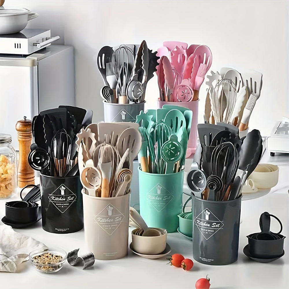 34pcs/Set, Heat Resistant Wooden Handle Silicone Kitchenware Non-stick Pot Cooking Safety Cooking Utensils Set, Non-Stick Cooking Utensils Set With Wooden Handle, Washable Modern Cookware, Kitchen Stuff, Kitchen Gadgets, Kitc