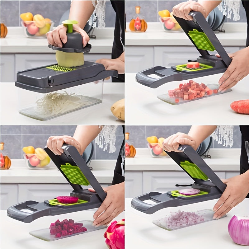 15pcs/ set, Upgraded Vegetable Chopper, Multifunctional Fruit Slicer, Handle Food Grater, Vegetable Slicer, Cutter with Container, Onion Mincer Chopper with Multiple Interchangeable Blades, Household Potato Shredder, Kitchen