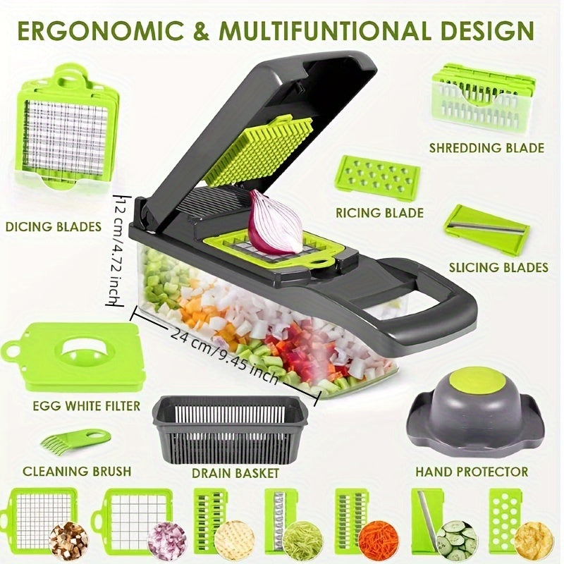 15pcs/ set, Upgraded Vegetable Chopper, Multifunctional Fruit Slicer, Handle Food Grater, Vegetable Slicer, Cutter with Container, Onion Mincer Chopper with Multiple Interchangeable Blades, Household Potato Shredder, Kitchen