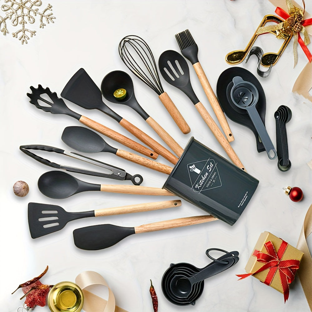 34pcs/set, Wooden Handle Silicone Kitchenware Set, Kitchen Baking Cooking Tools Set High Temperature Resistant Non-stick Pot Special Kitchenware, Kitchen Stuff Baking Supplies
