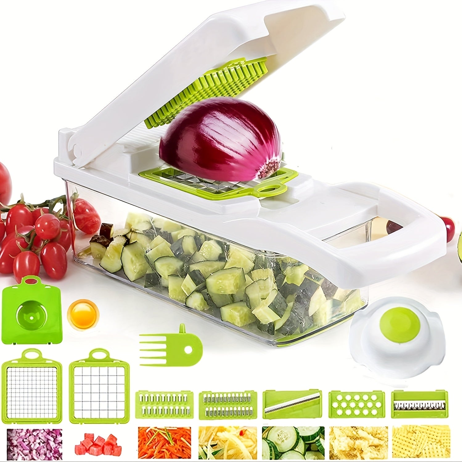 15pcs/ set, Upgraded Vegetable Chopper, Multifunctional Fruit Slicer, Handle Food Grater, Vegetable Slicer, Cutter with Container, Onion Mincer Chopper with Multiple Interchangeable Blades, Household Potato Shredder, Kitchen
