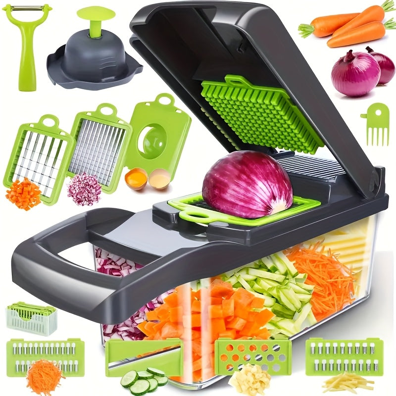 15pcs/ set, Upgraded Vegetable Chopper, Multifunctional Fruit Slicer, Handle Food Grater, Vegetable Slicer, Cutter with Container, Onion Mincer Chopper with Multiple Interchangeable Blades, Household Potato Shredder, Kitchen