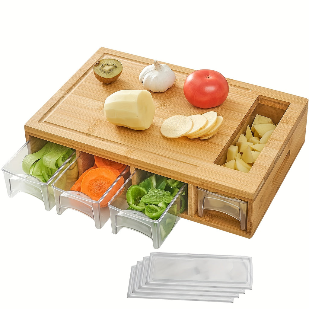 1 Set, Bamboo Cutting Board With 4 Containers, Large Chopping Board With Juice Grooves, Easy-grip Handles & Food Sliding Opening, Carving Board With Trays For Storage, Kitchen Stuff
