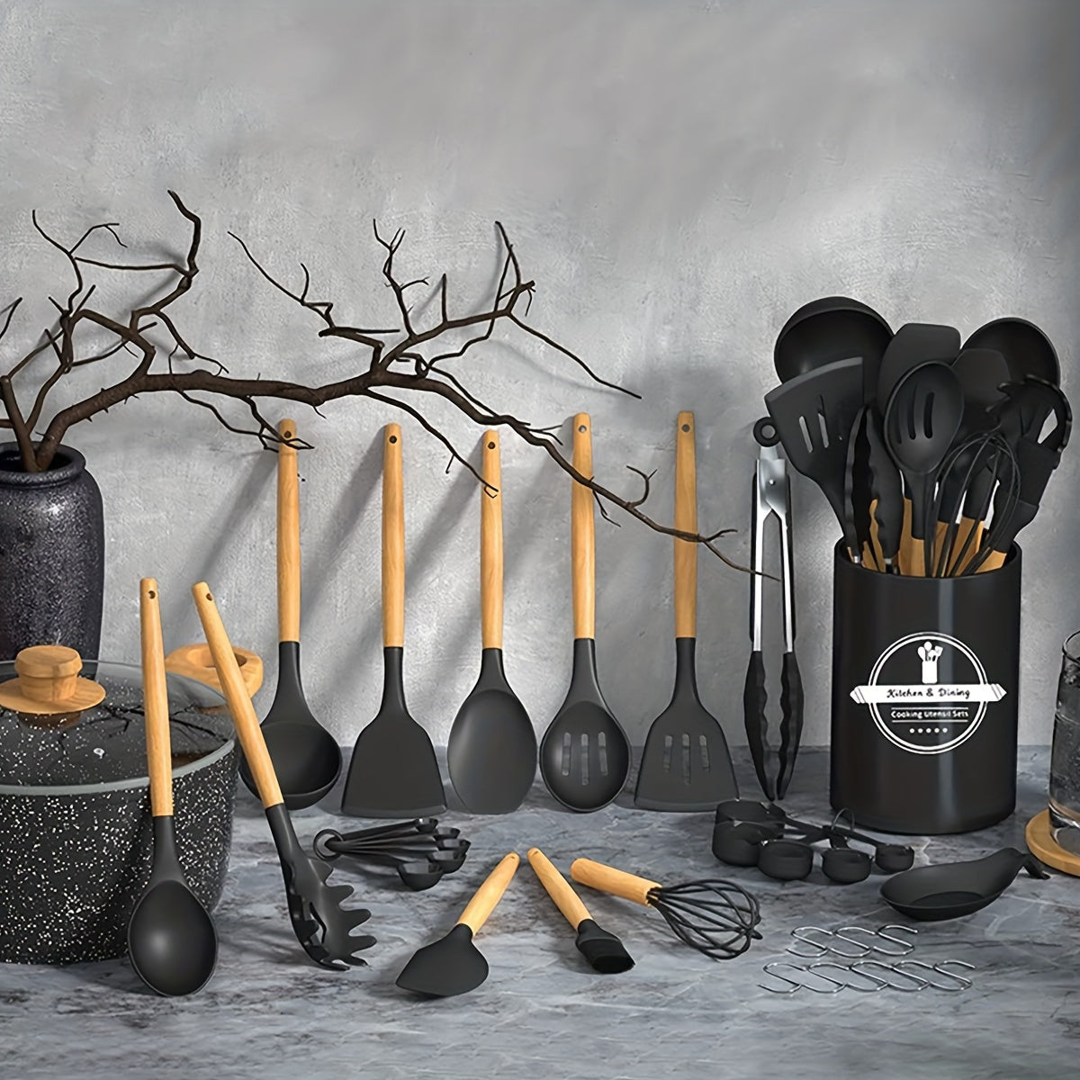 34pcs/Set, Heat Resistant Wooden Handle Silicone Kitchenware Non-stick Pot Cooking Safety Cooking Utensils Set, Non-Stick Cooking Utensils Set With Wooden Handle, Washable Modern Cookware, Kitchen Stuff, Kitchen Gadgets, Kitc