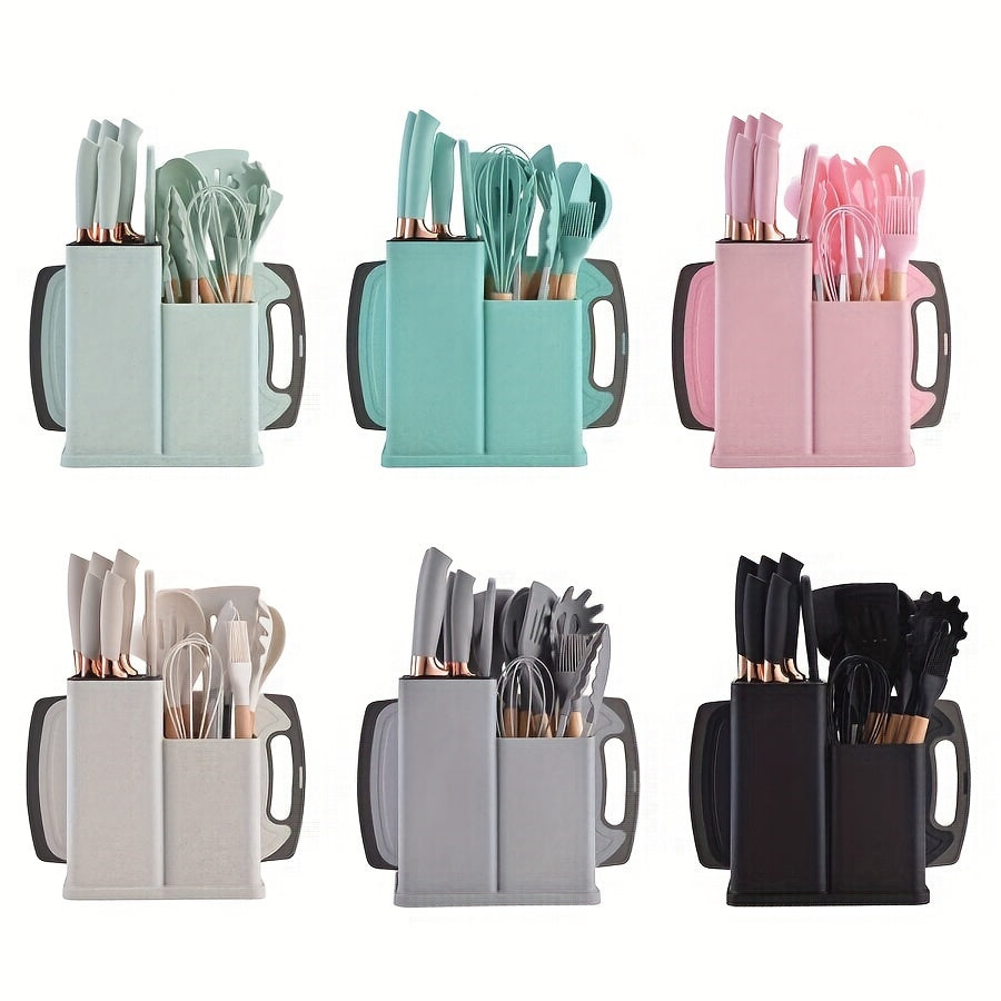 1 Set Kitchen Utensil Set, Silicone Cookware Set, 19pcs Silicone Kitchen Utensil Set, Wooden Cooking Utensils, Kitchen Gadgets, Silicone Cutlery Set, Kitchen Tools With Storage Bucket, Kitchen Stuff