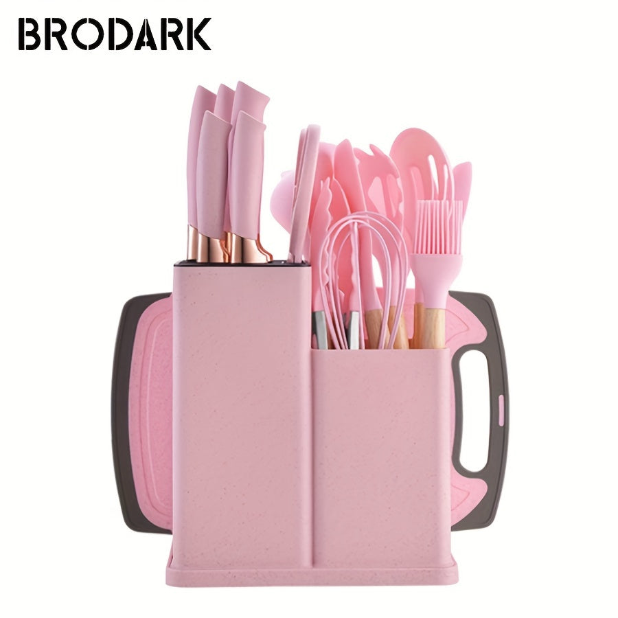 1 Set Kitchen Utensil Set, Silicone Cookware Set, 19pcs Silicone Kitchen Utensil Set, Wooden Cooking Utensils, Kitchen Gadgets, Silicone Cutlery Set, Kitchen Tools With Storage Bucket, Kitchen Stuff