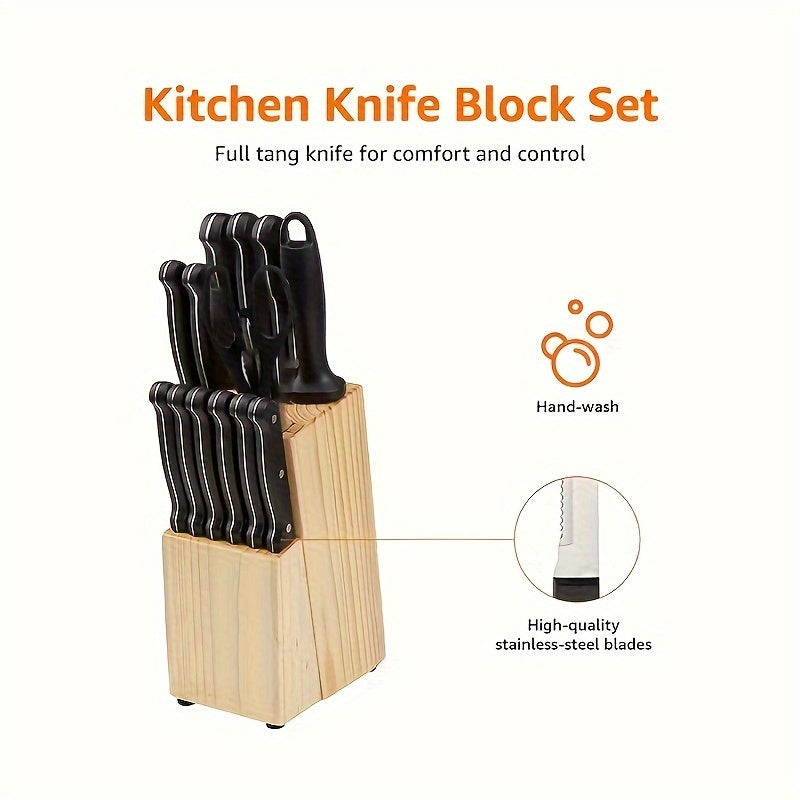 8/15pcs/set, Kitchen Knife Set, High-carbon Stainless-steel Blades Knives Set, Knife With Wood Block, Professional Knife With Black Handles For Home & Restaurant Use, Kitchen Stuff