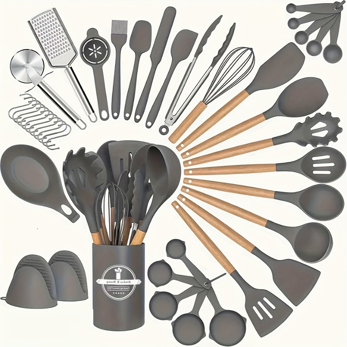 34pcs/Set, Heat Resistant Wooden Handle Silicone Kitchenware Non-stick Pot Cooking Safety Cooking Utensils Set, Non-Stick Cooking Utensils Set With Wooden Handle, Washable Modern Cookware, Kitchen Stuff, Kitchen Gadgets, Kitc